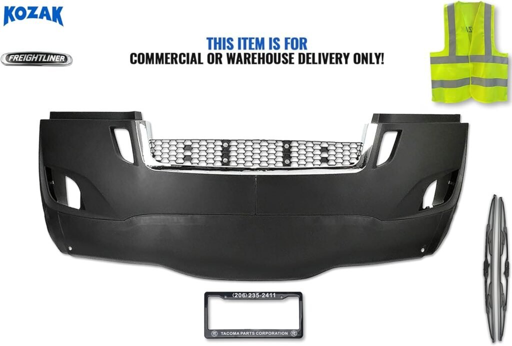 KOZAK Complete PLASTIC Bumper with Fog Lamp Hole for Freightliner Cascadia 2018+ with air flow deflector PLUS Freightliner Logo, 2x22 Wipers, License Plate Frame and KOZAK Vest