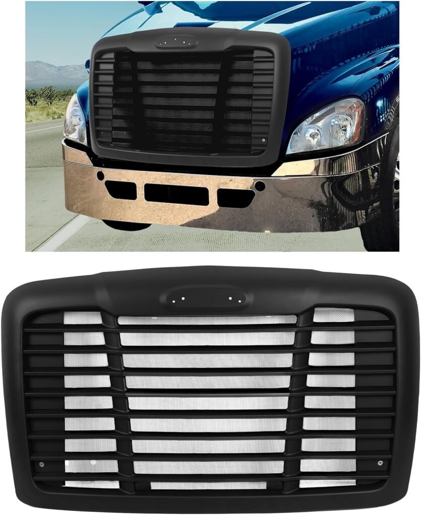 KUAFU Front Grill Compatible with 2008-2017 Freightliner Cascadia A17-19112-000 A17-15624-003 Bumper Upper Hood Grille W/Bug Screen Painted Black