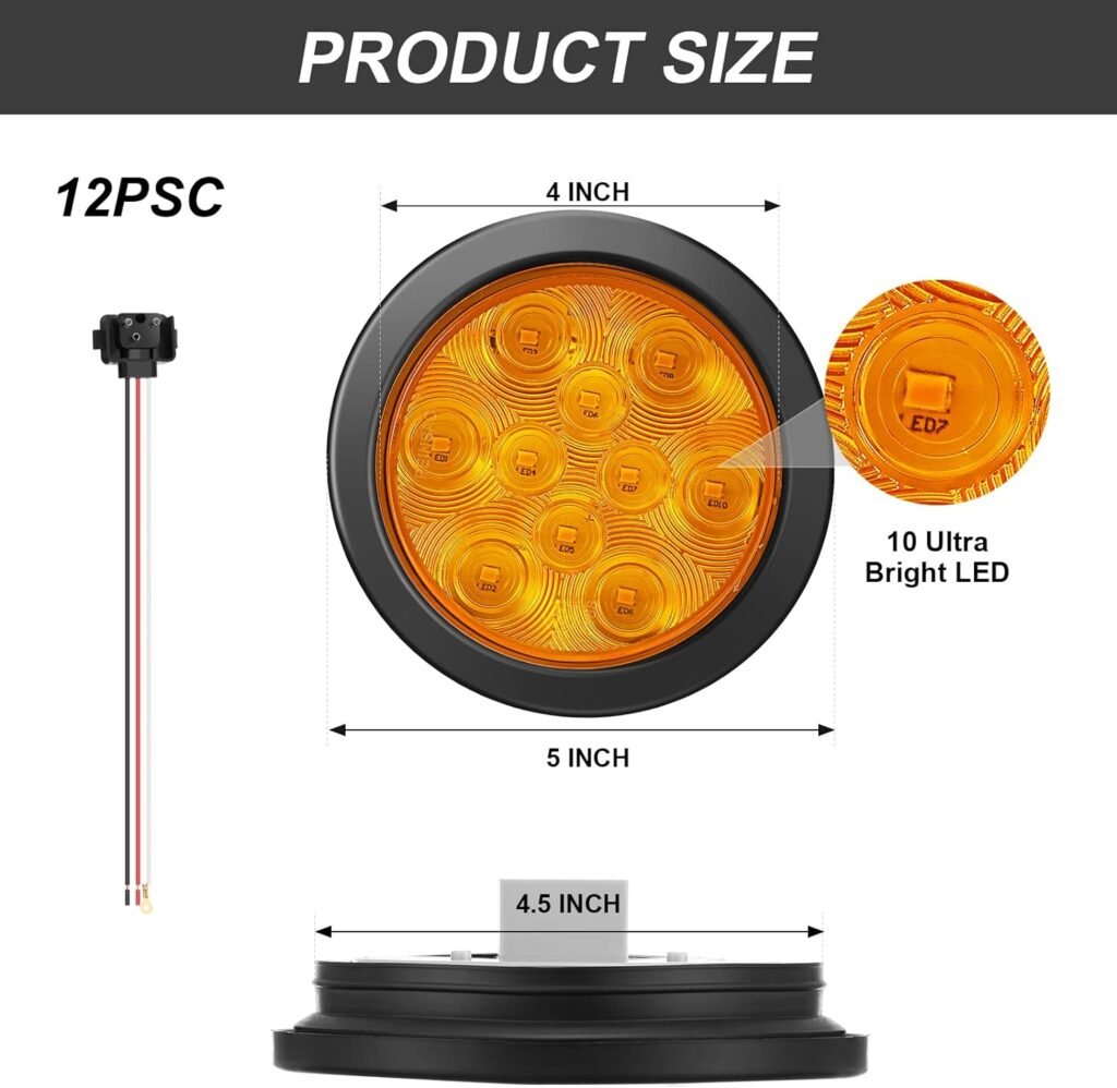 12 Pcs 4 Inch Round LED Trailer Tail Lights, 10 LED Trailer Marker Lights Waterproof 12V Brake Stop Turn Lights Sealed Flush Mount for Truck Trailer RV Boat (Red, White)