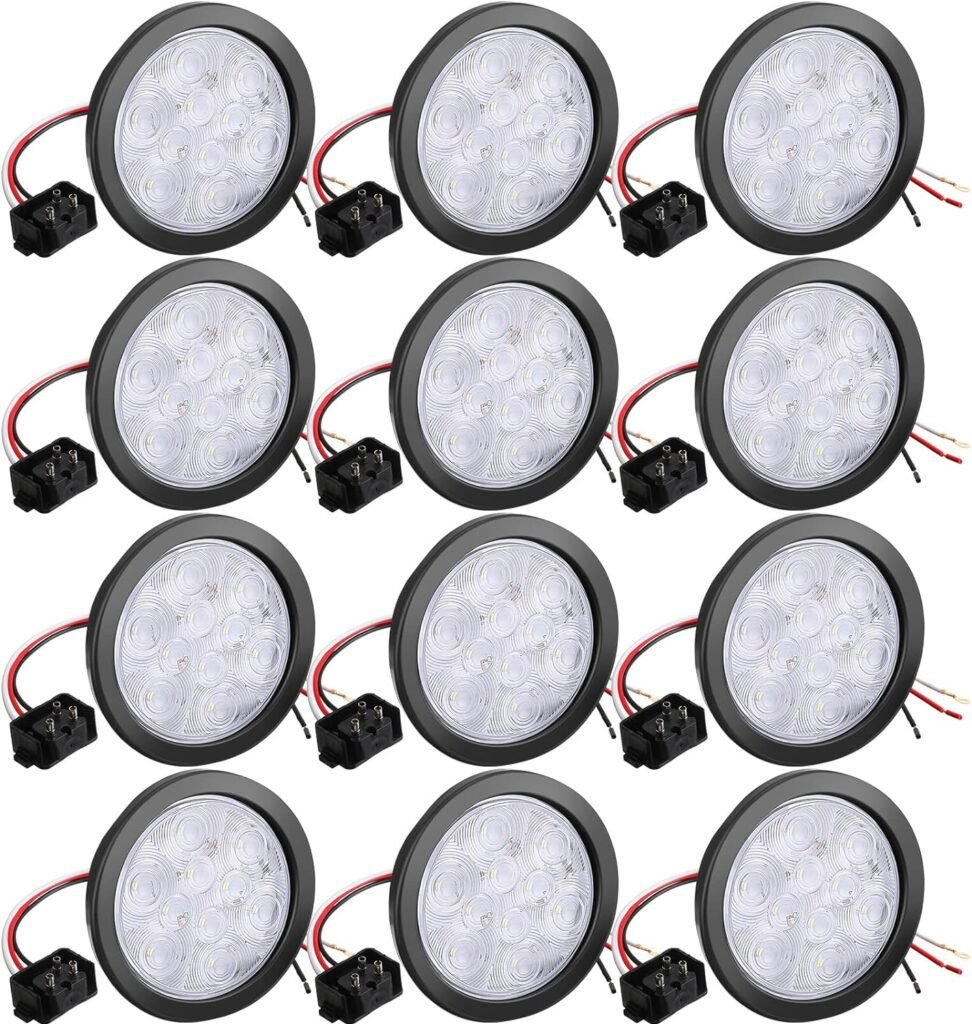 12 Pcs 4 Inch Round LED Trailer Tail Lights, 10 LED Trailer Marker Lights Waterproof 12V Brake Stop Turn Lights Sealed Flush Mount for Truck Trailer RV Boat (Red, White)