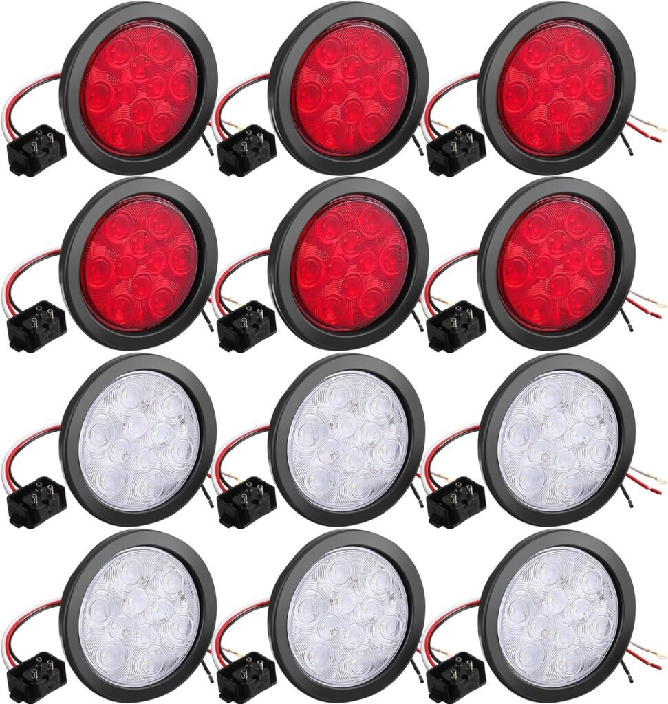 12 Pcs 4 Inch Round LED Trailer Tail Lights, 10 LED Trailer Marker Lights Waterproof 12V Brake Stop Turn Lights Sealed Flush Mount for Truck Trailer RV Boat (Red, White)