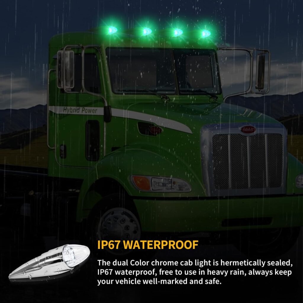 1PC 21 LED Dual Color Cab Marker Light, Clear Lens Chrome Torpedo Cab Marker Roof Running Top Lights, Replacement for Heavy Duty Trucks Kenworth Freightliner Peterbilt International Mack, Amber/Green