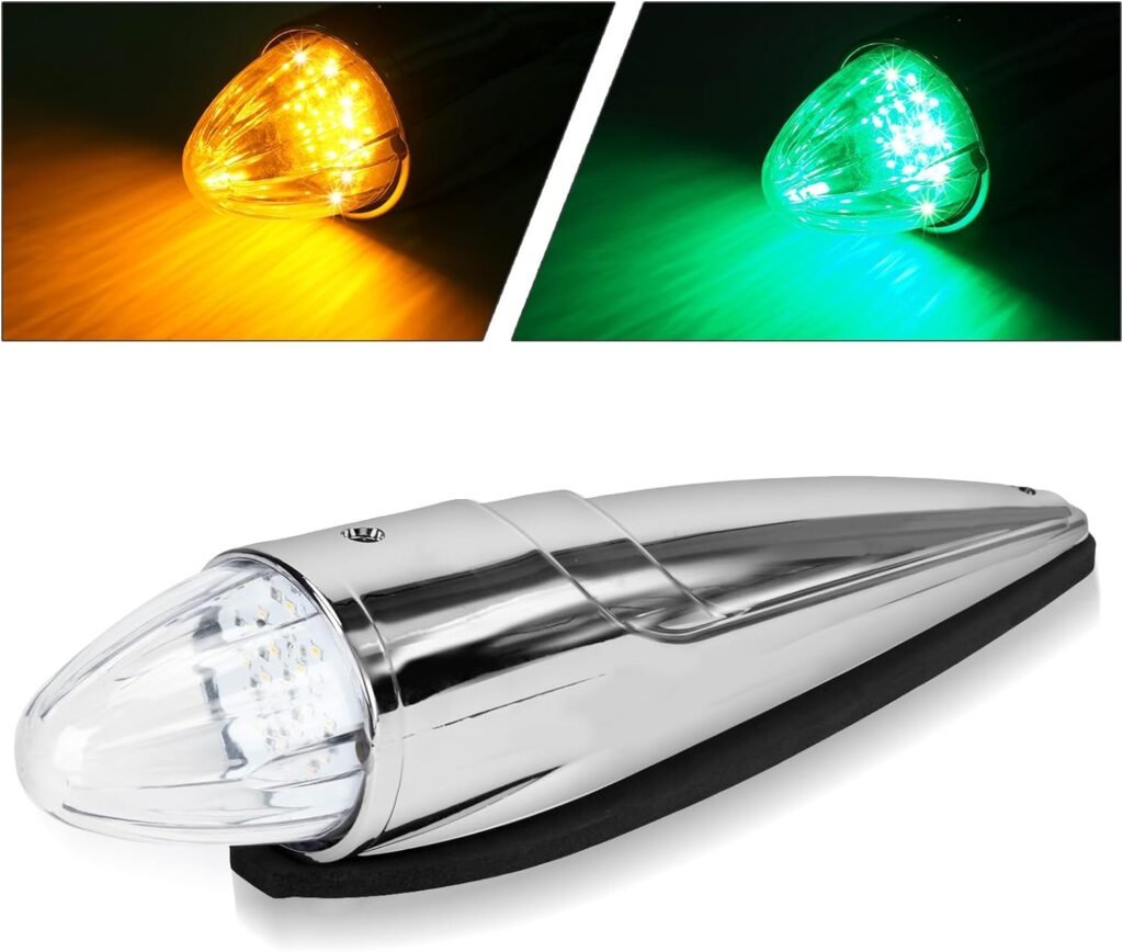 1PC 21 LED Dual Color Cab Marker Light, Clear Lens Chrome Torpedo Cab Marker Roof Running Top Lights, Replacement for Heavy Duty Trucks Kenworth Freightliner Peterbilt International Mack, Amber/Green
