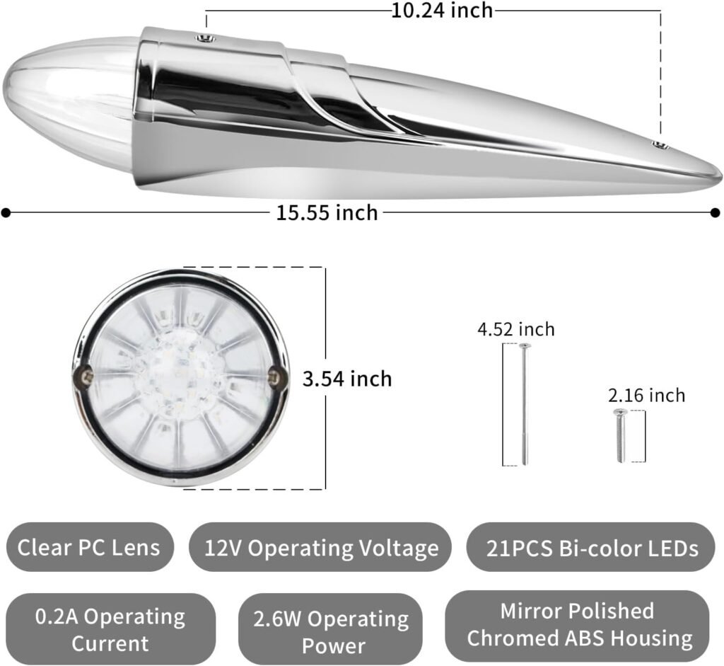 1PC 21 LED Dual Color Cab Marker Light, Clear Lens Chrome Torpedo Cab Marker Roof Running Top Lights, Replacement for Heavy Duty Trucks Kenworth Freightliner Peterbilt International Mack, Amber/Green