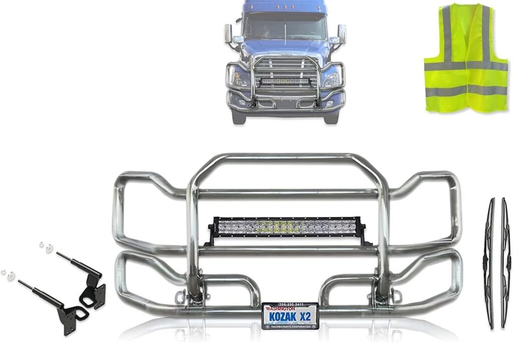 Freightliner Cascadia 2008-2017 Front Grille Deer Moose Brush Bumper Guard Large with 22 LED Light Bar Plus Bracket, Logo, 2X 22 Wipers, License Plate Holder and Frame and Vest