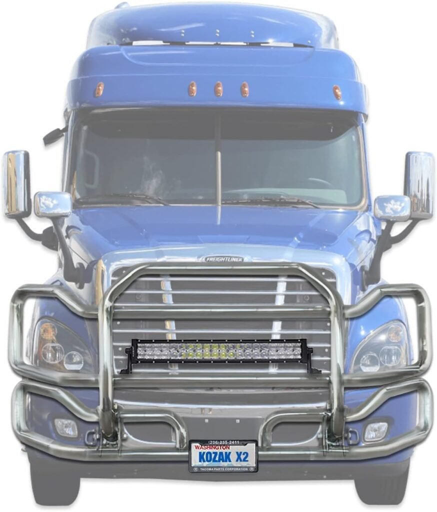 Freightliner Cascadia 2008-2017 Front Grille Deer Moose Brush Bumper Guard Large with 22 LED Light Bar Plus Bracket, Logo, 2X 22 Wipers, License Plate Holder and Frame and Vest