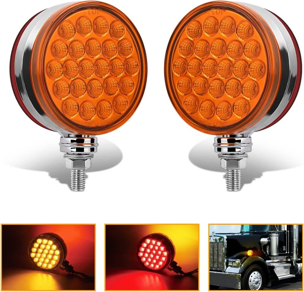 Nilight Round Double Face Fender Pedestal Light 2PCS 48LED Amber Red Brake Turn Marker Tail Light w/Stud Mount for Mack Kenworth Freightliner Truck Trailer Towing, 2 Years Warranty
