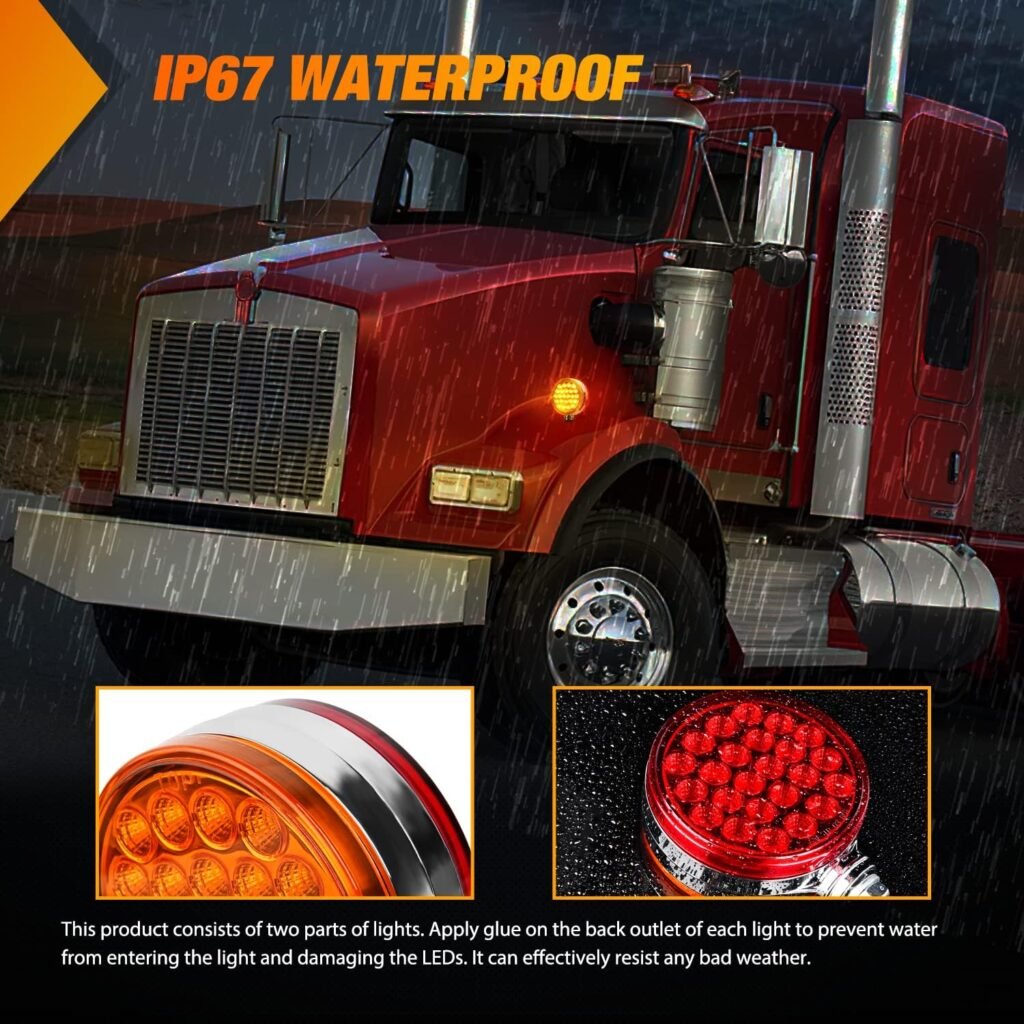 Nilight Round Double Face Fender Pedestal Light 2PCS 48LED Amber Red Brake Turn Marker Tail Light w/Stud Mount for Mack Kenworth Freightliner Truck Trailer Towing, 2 Years Warranty
