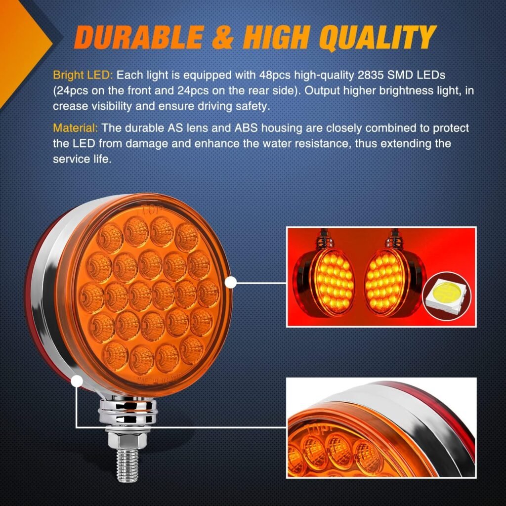 Nilight Round Double Face Fender Pedestal Light 2PCS 48LED Amber Red Brake Turn Marker Tail Light w/Stud Mount for Mack Kenworth Freightliner Truck Trailer Towing, 2 Years Warranty