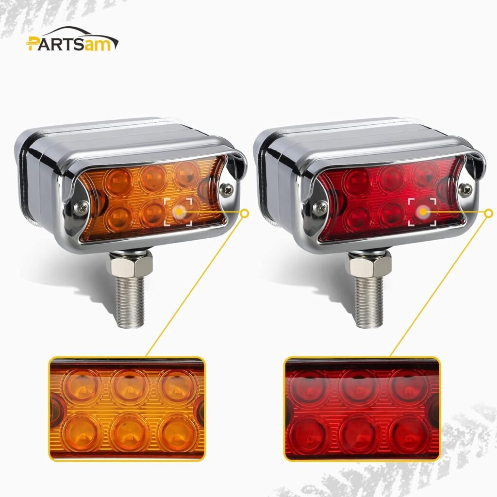 Partsam 2Pcs Dual Revolution Amber/Red 12 LED Marker Lights Turn Signal w/Horizontal Visor, Double Face Chrome Pedestal Lights, Bumper Lights Replacement for Peterbilt/Kenworth/Freightliner Trucks