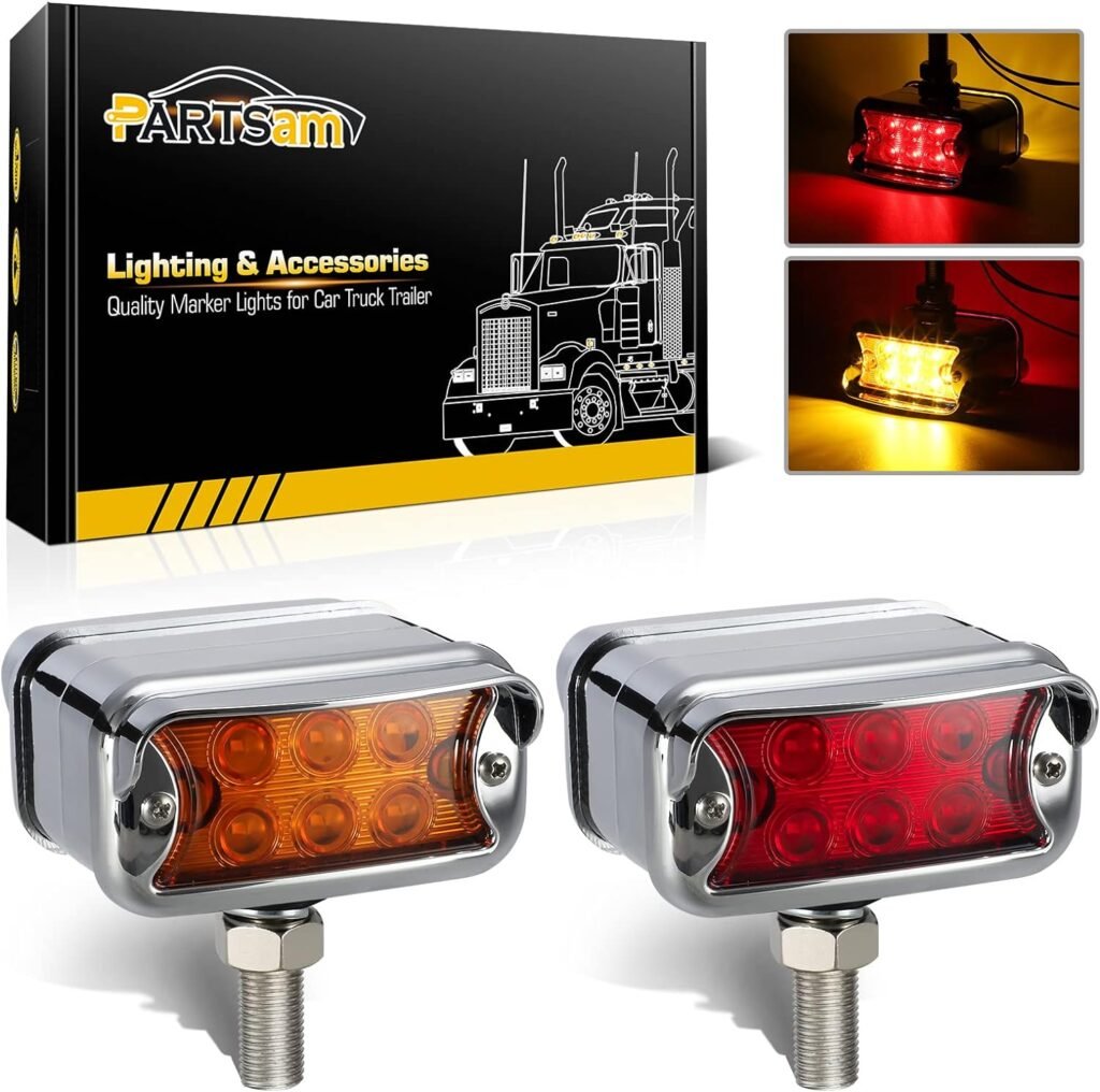 Partsam 2Pcs Dual Revolution Amber/Red 12 LED Marker Lights Turn Signal w/Horizontal Visor, Double Face Chrome Pedestal Lights, Bumper Lights Replacement for Peterbilt/Kenworth/Freightliner Trucks