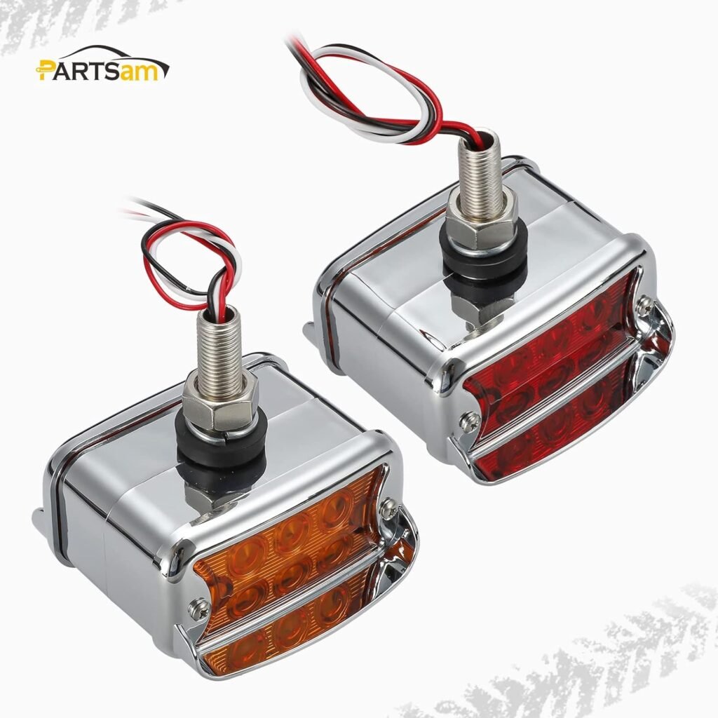 Partsam 2Pcs Dual Revolution Amber/Red 12 LED Marker Lights Turn Signal w/Horizontal Visor, Double Face Chrome Pedestal Lights, Bumper Lights Replacement for Peterbilt/Kenworth/Freightliner Trucks